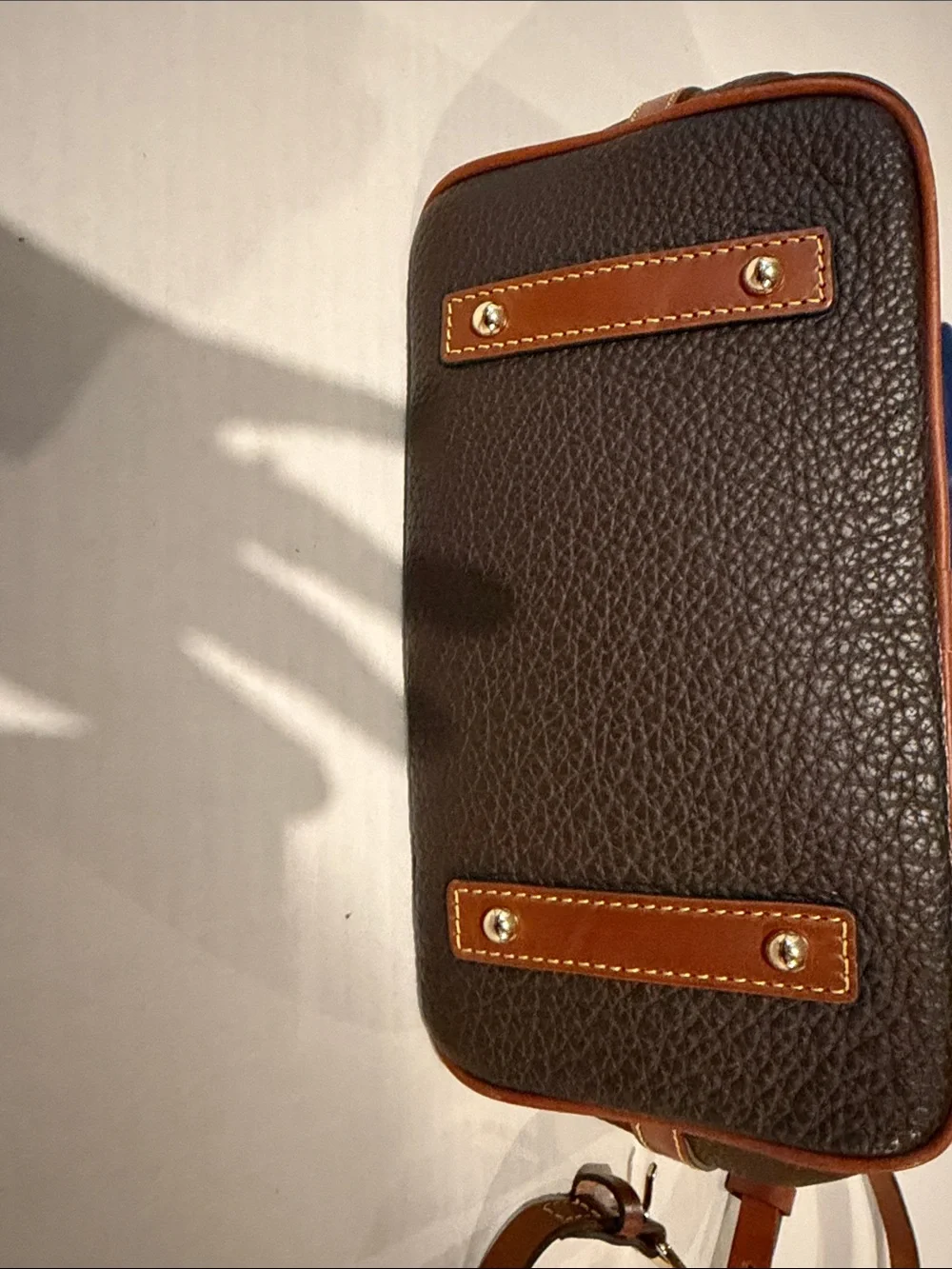 Dooney & Bourke Inspired Brown Leather Satchel with Tan Trim